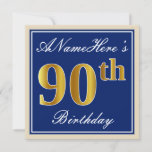[ Thumbnail: Elegant, Blue, Faux Gold 90th Birthday + Name Invitation ]