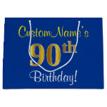 [ Thumbnail: Elegant, Blue, Faux Gold 90th Birthday + Name Gift Bag ]