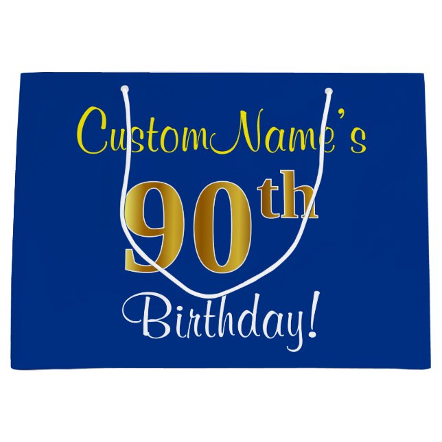 Elegant, Blue, Faux Gold 90th Birthday + Name Large Gift Bag (Front)