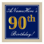 [ Thumbnail: Elegant, Blue, Faux Gold 90th Birthday + Name Poster ]