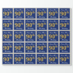 [ Thumbnail: Elegant, Blue, Faux Gold 90th Birthday + Name Wrapping Paper ]