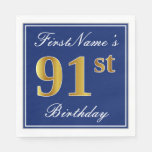 [ Thumbnail: Elegant Blue, Faux Gold 91st Birthday; Custom Name Napkins ]