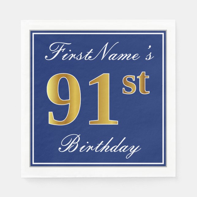 Elegant Blue, Faux Gold 91st Birthday; Custom Name Paper Napkins (Front)