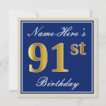 [ Thumbnail: Elegant, Blue, Faux Gold 91st Birthday + Name Invitation ]