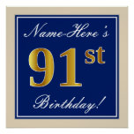 [ Thumbnail: Elegant, Blue, Faux Gold 91st Birthday + Name Poster ]