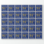 [ Thumbnail: Elegant, Blue, Faux Gold 91st Birthday + Name Wrapping Paper ]