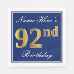 [ Thumbnail: Elegant Blue, Faux Gold 92nd Birthday; Custom Name Napkins ]
