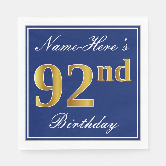Elegant Blue, Faux Gold 92nd Birthday; Custom Name Paper Napkins (Front)
