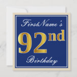 [ Thumbnail: Elegant, Blue, Faux Gold 92nd Birthday + Name Invitation ]