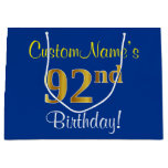 [ Thumbnail: Elegant, Blue, Faux Gold 92nd Birthday + Name Gift Bag ]