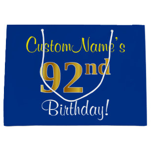 Elegant, Blue, Faux Gold 92nd Birthday + Name Large Gift Bag