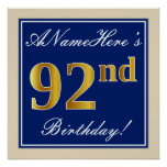 [ Thumbnail: Elegant, Blue, Faux Gold 92nd Birthday + Name Poster ]