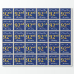 [ Thumbnail: Elegant, Blue, Faux Gold 92nd Birthday + Name Wrapping Paper ]