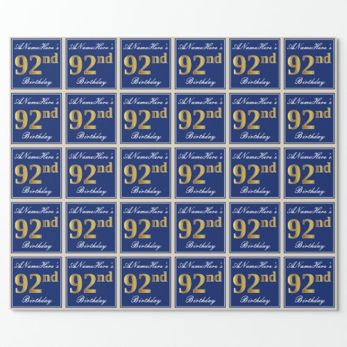 Elegant Blue Faux Gold 92nd Birthday  Name Wrapping Paper