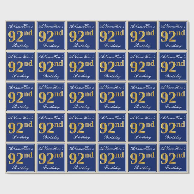 Elegant, Blue, Faux Gold 92nd Birthday + Name Wrapping Paper (Flat)