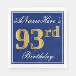 [ Thumbnail: Elegant Blue, Faux Gold 93rd Birthday; Custom Name Napkins ]