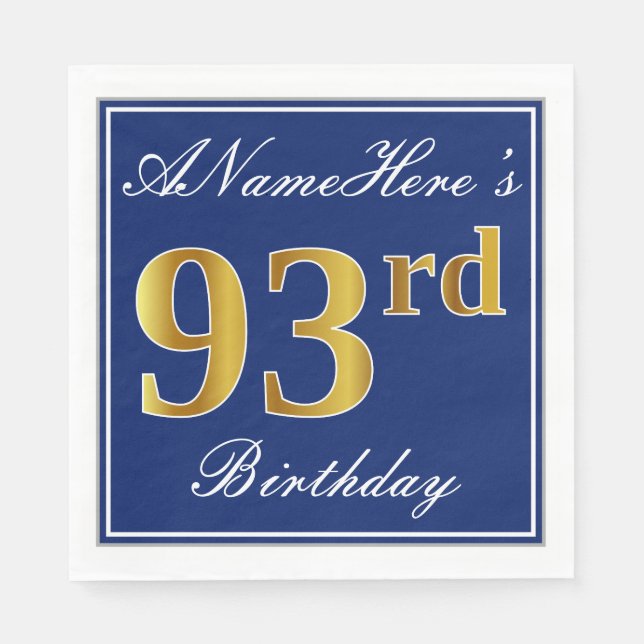 Elegant Blue, Faux Gold 93rd Birthday; Custom Name Paper Napkins (Front)