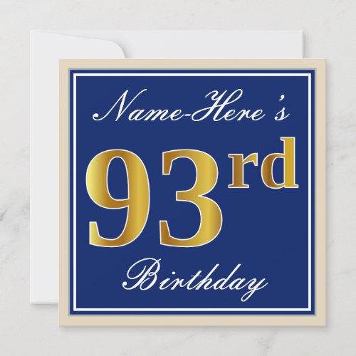 Elegant Blue Faux Gold 93rd Birthday  Name Invitation