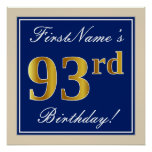 [ Thumbnail: Elegant, Blue, Faux Gold 93rd Birthday + Name Poster ]