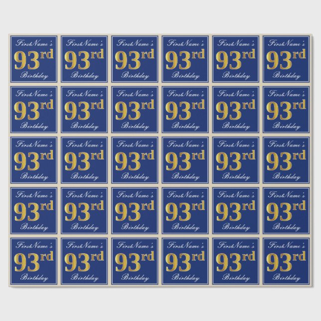 Elegant, Blue, Faux Gold 93rd Birthday + Name Wrapping Paper (Flat)