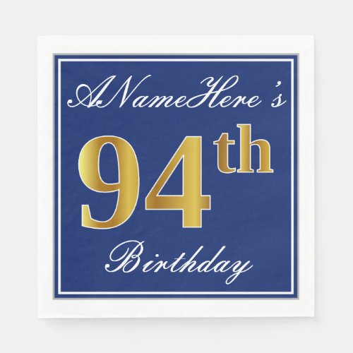 Elegant Blue Faux Gold 94th Birthday Custom Name Napkins