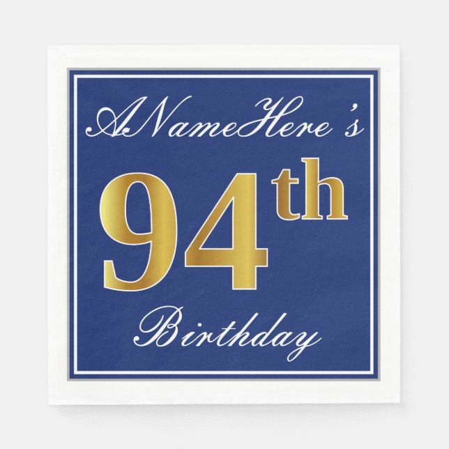 Elegant Blue, Faux Gold 94th Birthday; Custom Name Napkins (Front)