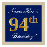 [ Thumbnail: Elegant, Blue, Faux Gold 94th Birthday + Name Poster ]