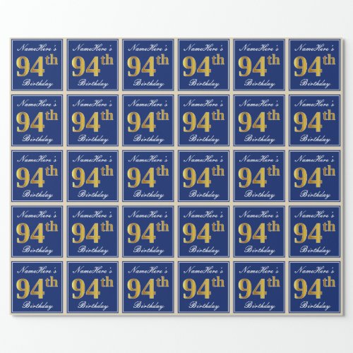 Elegant Blue Faux Gold 94th Birthday  Name Wrapping Paper