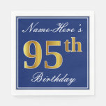 [ Thumbnail: Elegant Blue, Faux Gold 95th Birthday; Custom Name Napkin ]