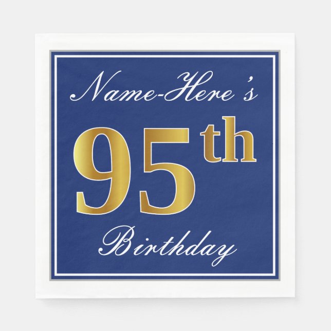 Elegant Blue, Faux Gold 95th Birthday; Custom Name Napkins (Front)