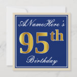 [ Thumbnail: Elegant, Blue, Faux Gold 95th Birthday + Name Invitation ]