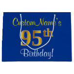 [ Thumbnail: Elegant, Blue, Faux Gold 95th Birthday + Name Gift Bag ]