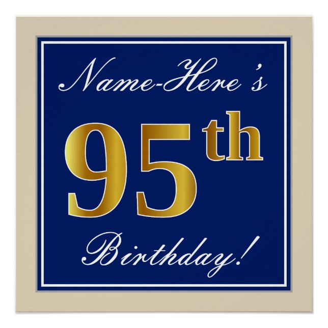Elegant, Blue, Faux Gold 95th Birthday + Name Poster (Front)
