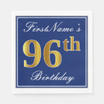 [ Thumbnail: Elegant Blue, Faux Gold 96th Birthday; Custom Name Napkins ]