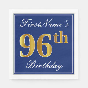 Elegant Blue, Faux Gold 96th Birthday; Custom Name Paper Napkins