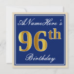 [ Thumbnail: Elegant, Blue, Faux Gold 96th Birthday + Name Invitation ]