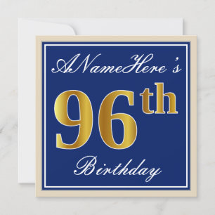 Elegant, Blue, Faux Gold 96th Birthday + Name Invitation
