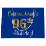 [ Thumbnail: Elegant, Blue, Faux Gold 96th Birthday + Name Gift Bag ]