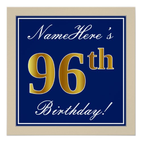 Elegant Blue Faux Gold 96th Birthday  Name Poster