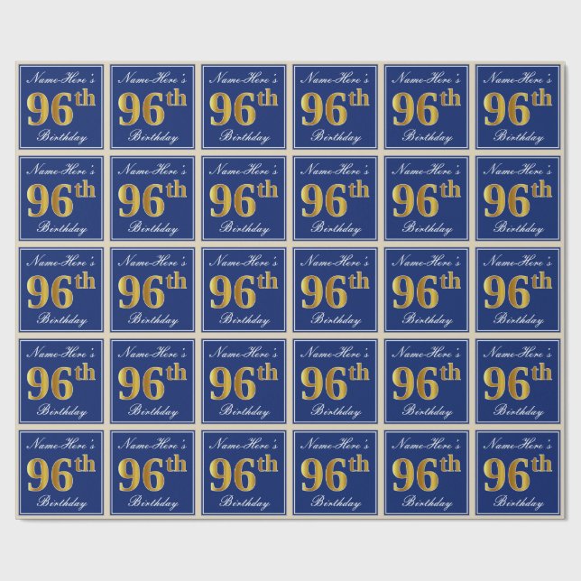 Elegant, Blue, Faux Gold 96th Birthday + Name Wrapping Paper (Flat)