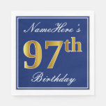 [ Thumbnail: Elegant Blue, Faux Gold 97th Birthday; Custom Name Paper Napkin ]