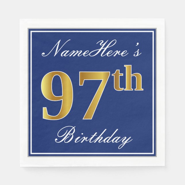 Elegant Blue, Faux Gold 97th Birthday; Custom Name Paper Napkins (Front)