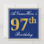 [ Thumbnail: Elegant, Blue, Faux Gold 97th Birthday + Name Invitation ]