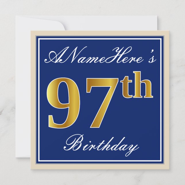 Elegant, Blue, Faux Gold 97th Birthday + Name Invitation (Front)