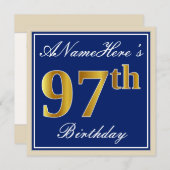 Elegant, Blue, Faux Gold 97th Birthday + Name Invitation (Front/Back)