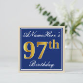 Elegant, Blue, Faux Gold 97th Birthday + Name Invitation (Standing Front)