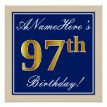[ Thumbnail: Elegant, Blue, Faux Gold 97th Birthday + Name Poster ]