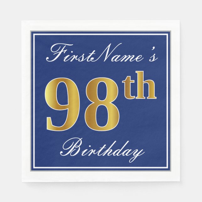 Elegant Blue, Faux Gold 98th Birthday; Custom Name Napkins (Front)
