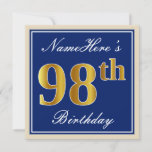 [ Thumbnail: Elegant, Blue, Faux Gold 98th Birthday + Name Invitation ]