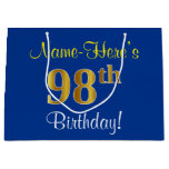 [ Thumbnail: Elegant, Blue, Faux Gold 98th Birthday + Name Gift Bag ]
